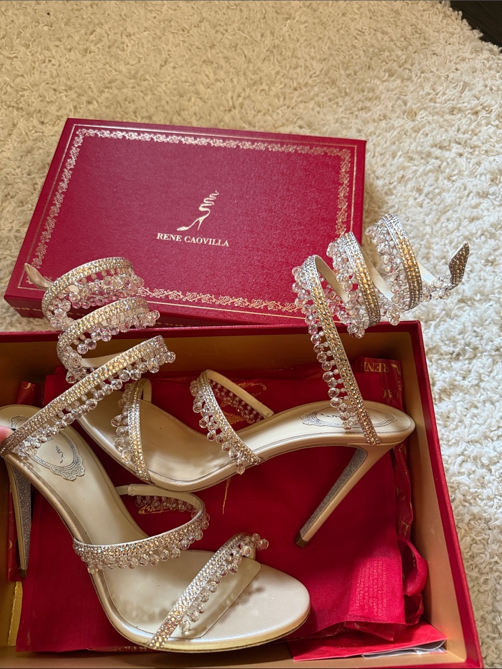 Rene Caovilla Gold Crystal Spiral-Strap Stiletto Sandals